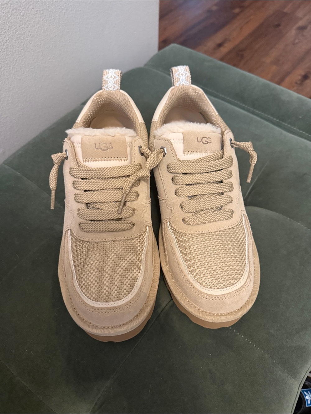 UGG Women's Beige Lace-Up Sneaker with Shearling Trim